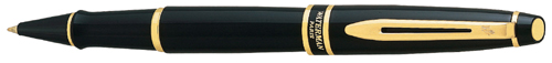 Gloss Lacquer Black Waterman Expert rollerball pen with gold trim.