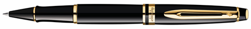Gloss lacquer black Waterman Expert rollerball pen with gold trim.