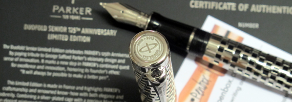 Anniversary Duofold fountain pen showing silver decal.