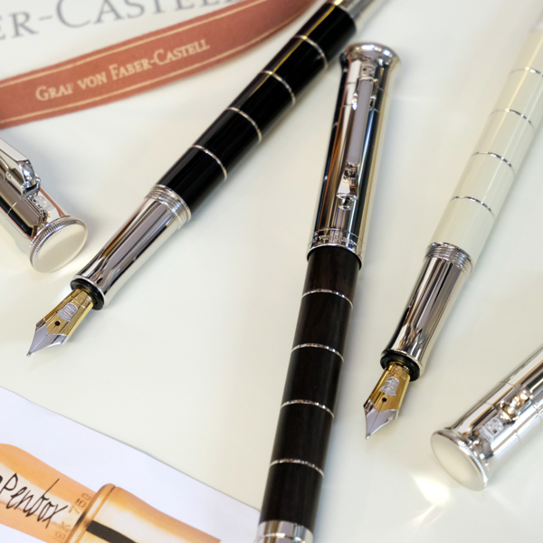 Graf von Faber Castell Anello fountain pens. Ivory, black, grenadilla and rose gold.