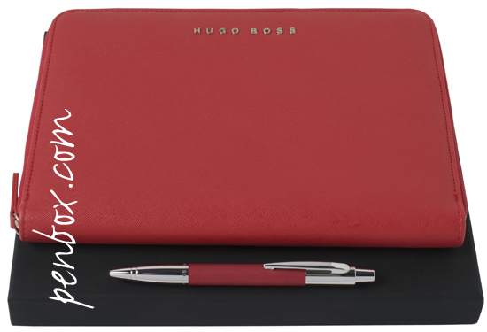Hugo Boss Saffiano ballpoint pen and A5 folder gift set.