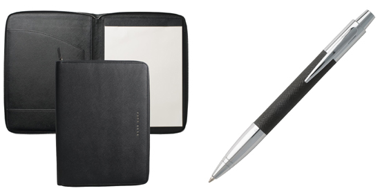 Hugo Boss black Saffiano pen and A4 folder.