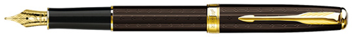 Parker Sonnet Chiselled Chocolate fountain pen with gold trim.